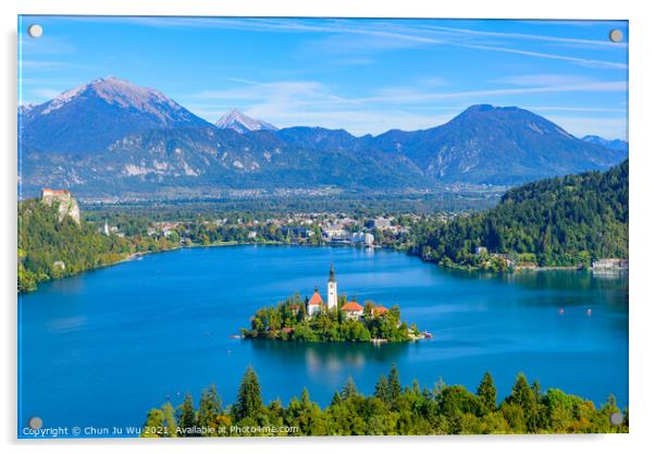 Aerial view of Bled Island and Lake Bled from Osojnica Hill, a popular tourist destination in Slovenia Acrylic by Chun Ju Wu