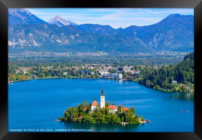 Aerial view of Bled Island and Lake Bled from Osojnica Hill, a popular tourist destination in Slovenia Framed Print by Chun Ju Wu