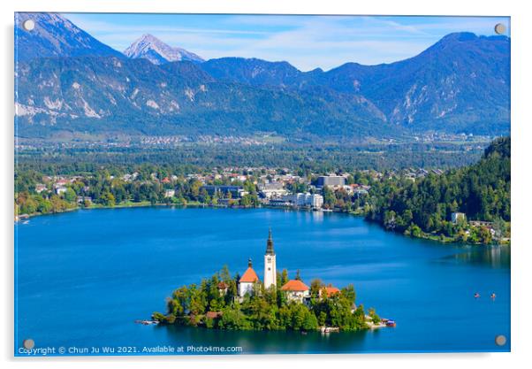 Aerial view of Bled Island and Lake Bled from Osojnica Hill, a popular tourist destination in Slovenia Acrylic by Chun Ju Wu