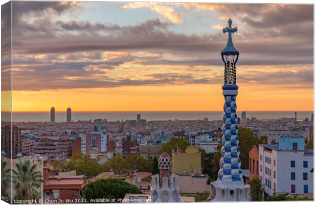 Park Guell at sunrise time in Barcelona, Spain Canvas Print by Chun Ju Wu