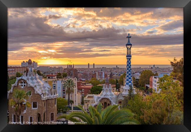 Park Guell at sunrise time in Barcelona, Spain Framed Print by Chun Ju Wu