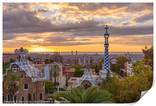 Park Guell at sunrise time in Barcelona, Spain Print by Chun Ju Wu