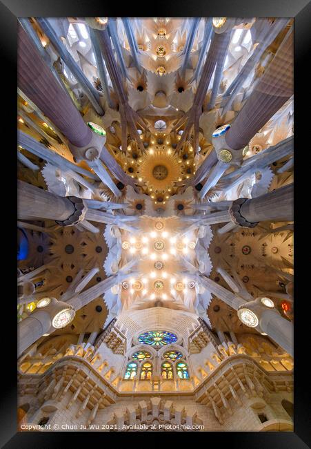 The ceiling of interior of Sagrada Familia (Church of the Holy Family), the cathedral designed by Gaudi in Barcelona, Spain Framed Print by Chun Ju Wu