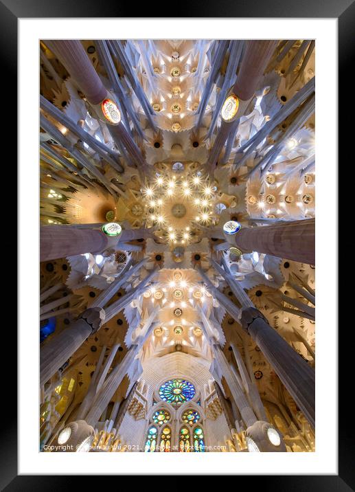 The ceiling of interior of Sagrada Familia (Church of the Holy Family), the cathedral designed by Gaudi in Barcelona, Spain Framed Mounted Print by Chun Ju Wu