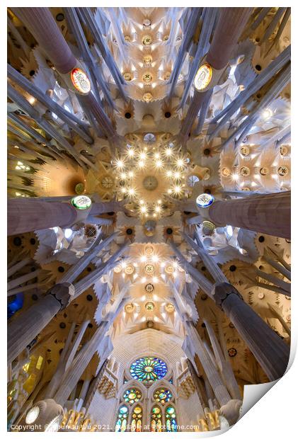 The ceiling of interior of Sagrada Familia (Church of the Holy Family), the cathedral designed by Gaudi in Barcelona, Spain Print by Chun Ju Wu