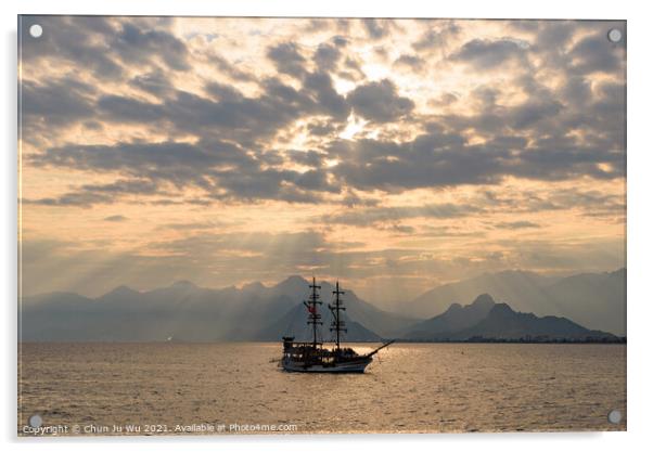A ship sailing on the sea under the sunset heaven light Acrylic by Chun Ju Wu