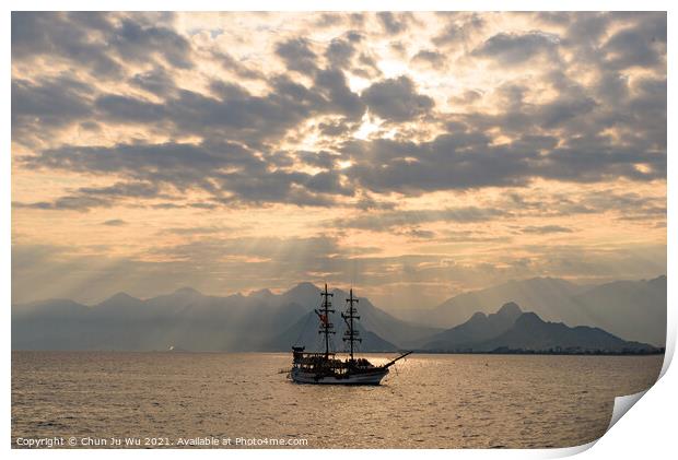A ship sailing on the sea under the sunset heaven light Print by Chun Ju Wu
