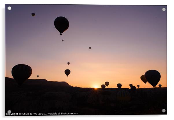 Silhouette of flying hot air balloons and rock landscape at sunrise time in Goreme, Cappadocia, Turkey Acrylic by Chun Ju Wu