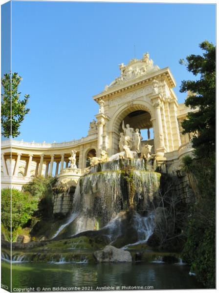 Waterfall at Palais Longchamp from the right side Canvas Print by Ann Biddlecombe