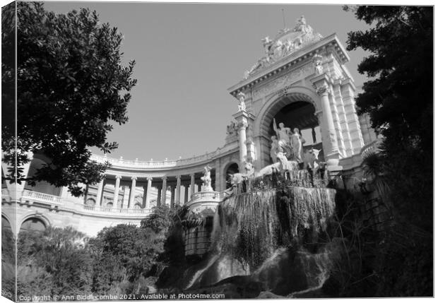 Waterfall at Palais Longchamp in black and white Canvas Print by Ann Biddlecombe