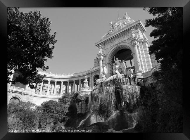 Waterfall at Palais Longchamp in black and white Framed Print by Ann Biddlecombe