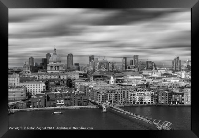 Black and white aerial London riverside cityscape Framed Print by Milton Cogheil