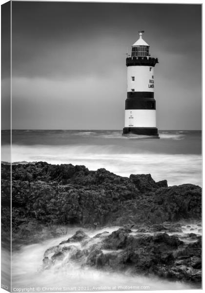 Penmon Lighthouse Anglesey - Monochrome Black and White - Landmark Dark Skies Stormy Seas Welsh Coast Seascape Canvas Print by Christine Smart