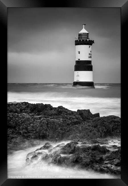 Penmon Lighthouse Anglesey - Monochrome Black and White - Landmark Dark Skies Stormy Seas Welsh Coast Seascape Framed Print by Christine Smart