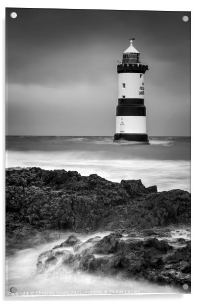 Penmon Lighthouse Anglesey - Monochrome Black and White - Landmark Dark Skies Stormy Seas Welsh Coast Seascape Acrylic by Christine Smart