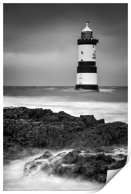 Penmon Lighthouse Anglesey - Monochrome Black and White - Landmark Dark Skies Stormy Seas Welsh Coast Seascape Print by Christine Smart