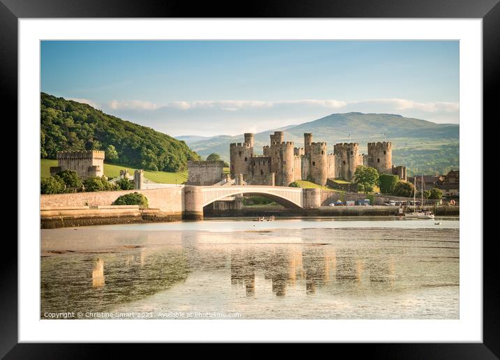 Conwy Castle Sunny Landscape North Wales - Landmark Reflection Blue Sky Framed Mounted Print by Christine Smart