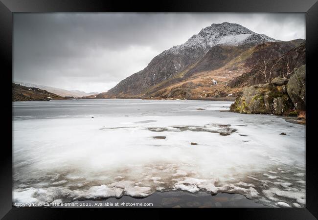 Tryfan and Llyn Ogwen, Snowdonia National Park North Wales - Mountain, Snow, Frozen Lake - Winter Scene - Snow Landscape Framed Print by Christine Smart