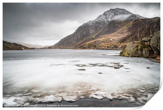 Tryfan and Llyn Ogwen, Snowdonia National Park North Wales - Mountain, Snow, Frozen Lake - Winter Scene - Snow Landscape Print by Christine Smart