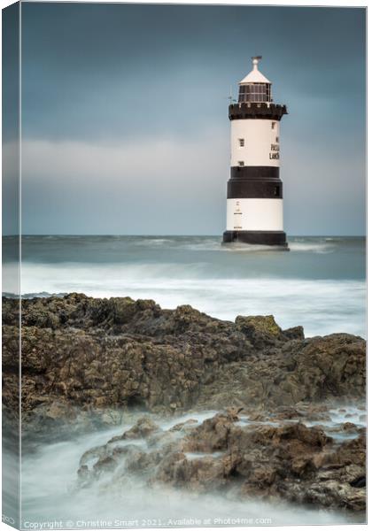 Penmon Lighthouse Anglesey - Landmark Dark Skies Stormy Seas Welsh Coast Seascape Canvas Print by Christine Smart