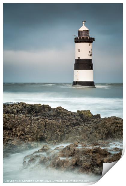 Penmon Lighthouse Anglesey - Landmark Dark Skies Stormy Seas Welsh Coast Seascape Print by Christine Smart