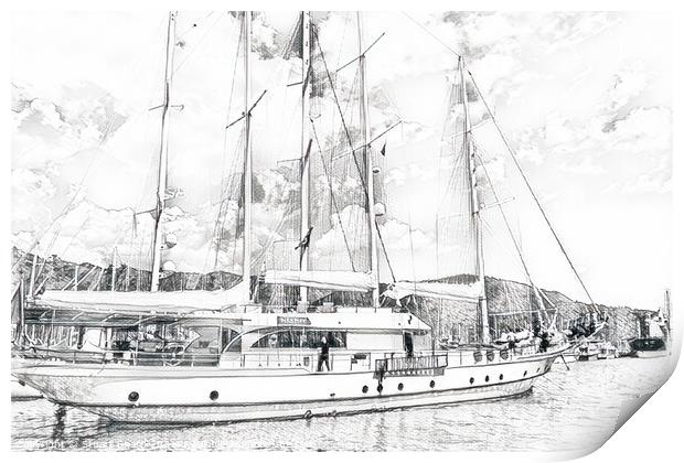 sailing boat drawing Print by Stuart Chard