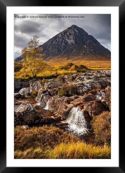 Buachaille Etive Mor Waterfall in autumn Framed Mounted Print by Andrew Kearton