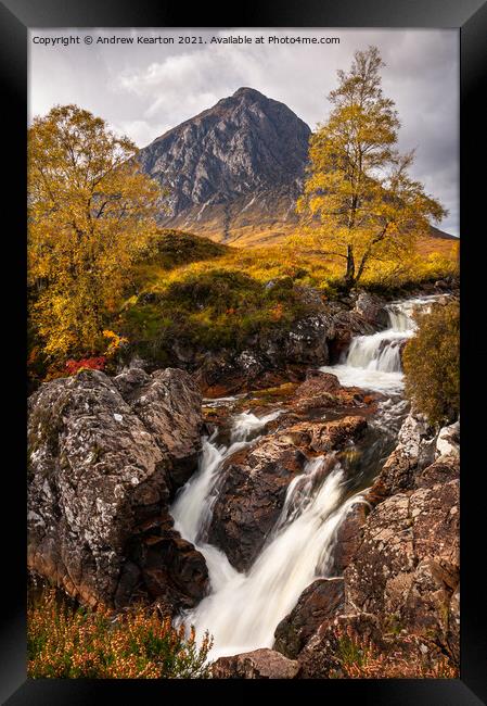 Buachaille Etive Mor Waterfall in autumn Framed Print by Andrew Kearton