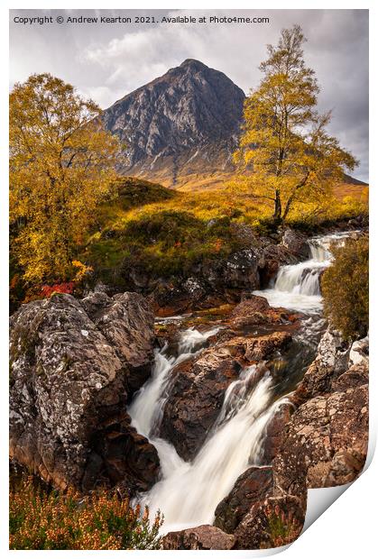 Buachaille Etive Mor Waterfall in autumn Print by Andrew Kearton