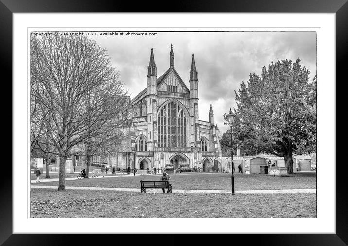 Winchester Cathedral in Black and White Framed Mounted Print by Sue Knight