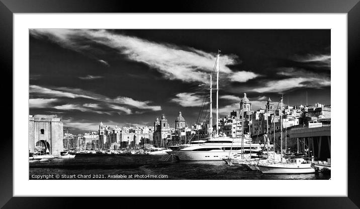 Malta, Birgu Yacht Marina; Black and white Framed Mounted Print by Travel and Pixels 