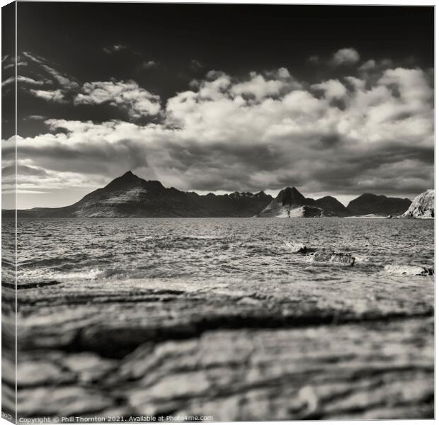 Black Cuillins and blue seas from Elgol Beach. B&W Canvas Print by Phill Thornton