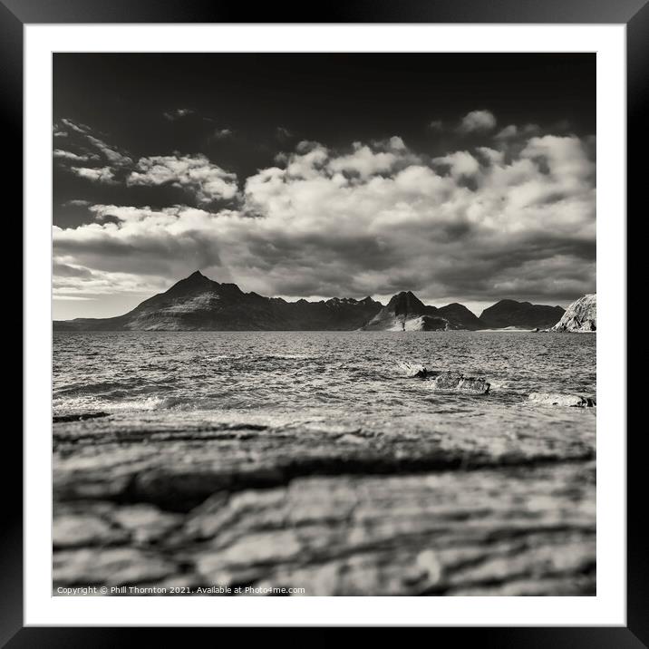 Black Cuillins and blue seas from Elgol Beach. B&W Framed Mounted Print by Phill Thornton