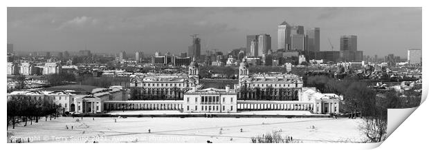 Snow bound panoramic view of the Isle of Dogs Gree Print by Terry Senior