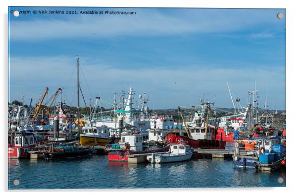 A Busy Newlyn Harbour with fishing boats moored up Acrylic by Nick Jenkins
