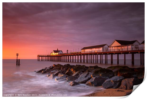 Radiant Sunrise over Southwold Pier Print by Rick Bowden