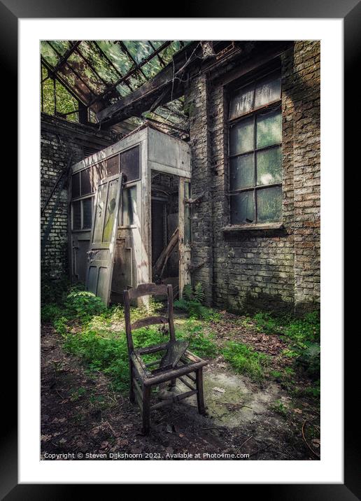 A lonely chair in an abandoned factory in Belgium Framed Mounted Print by Steven Dijkshoorn