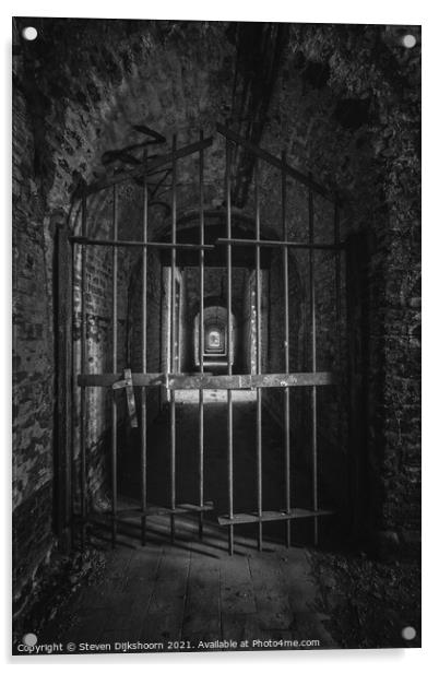 Black and white abandoned prison door Acrylic by Steven Dijkshoorn