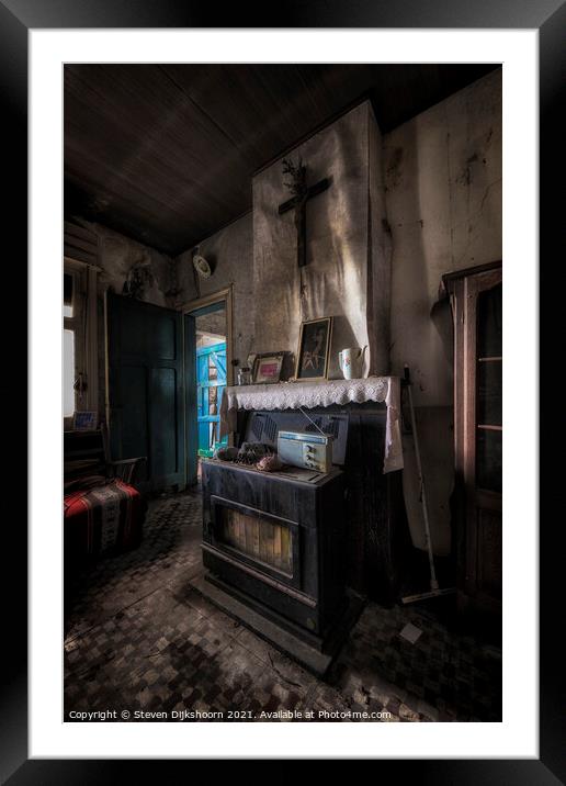 An abandoned little house with a fireplace Framed Mounted Print by Steven Dijkshoorn