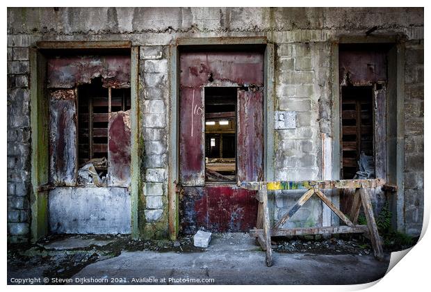 The three red doors in an abandoned factory Print by Steven Dijkshoorn