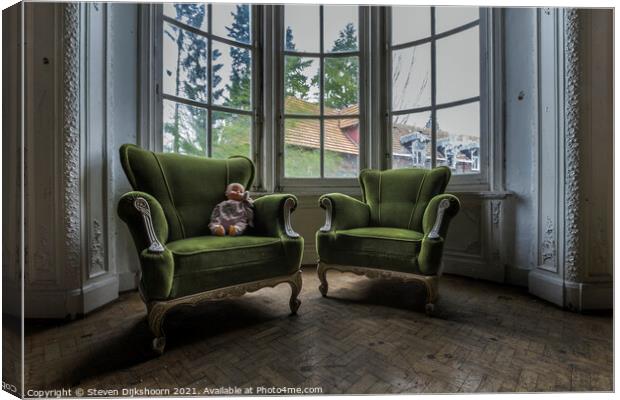 Old green chairs with an doll on it Canvas Print by Steven Dijkshoorn