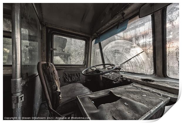 The inside of a far reaching bus urbex exploration Print by Steven Dijkshoorn