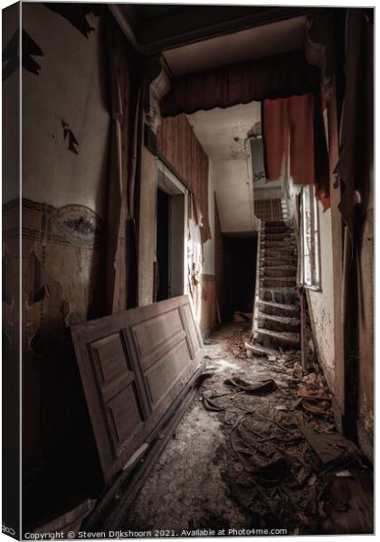 An old red hall in an abandoned house Canvas Print by Steven Dijkshoorn