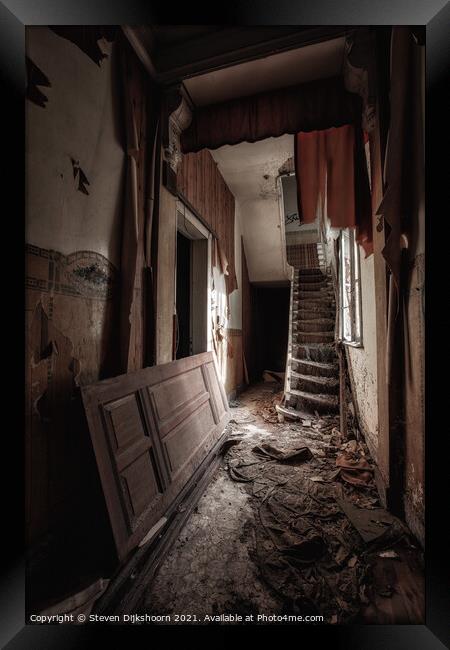 An old red hall in an abandoned house Framed Print by Steven Dijkshoorn