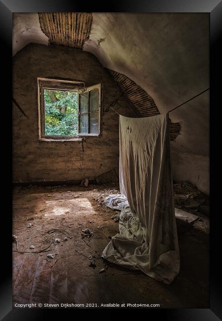 An old rug hanging in the attic of an abandoned house Framed Print by Steven Dijkshoorn