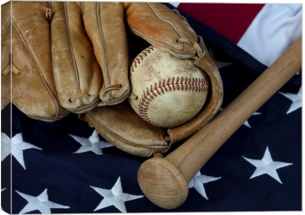 Vintage baseball items with American flag in backg Canvas Print by Thomas Baker