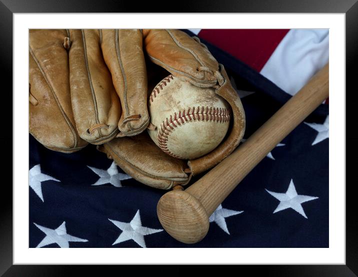 Vintage baseball items with American flag in backg Framed Mounted Print by Thomas Baker