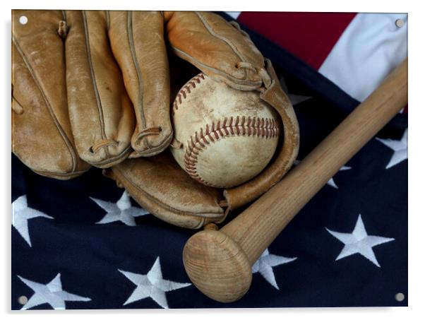 Vintage baseball items with American flag in backg Acrylic by Thomas Baker