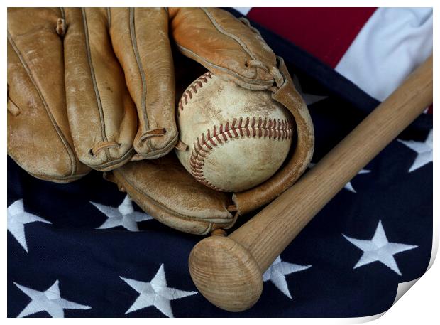 Vintage baseball items with American flag in backg Print by Thomas Baker