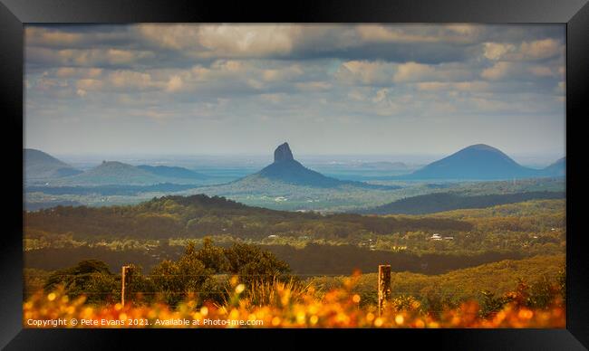 The Glasshouse Mountains Framed Print by Pete Evans